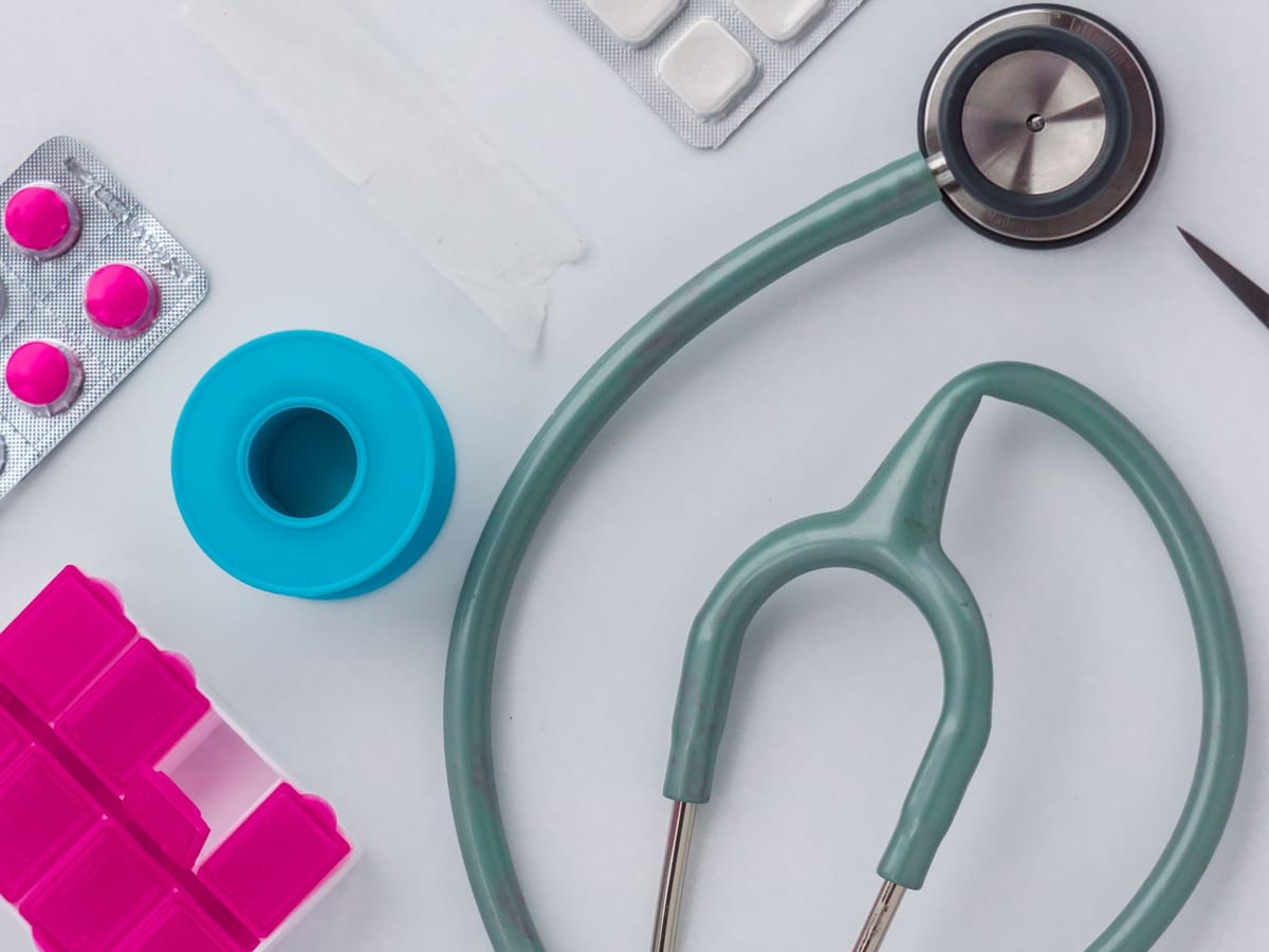 Medical supplies, stethoscope and pharmaceuticals