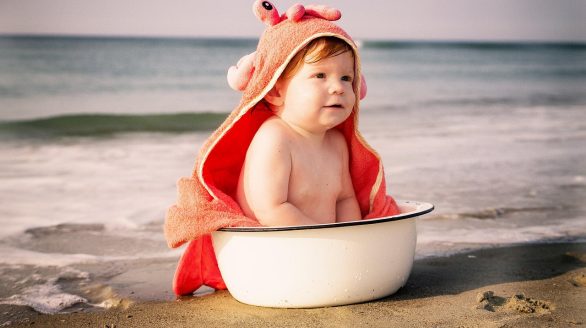 beach, baby, crab, nature, wash pot, summer, child, sea, vacation, ocean, happy, sand, water, toddler, boy, outdoor
